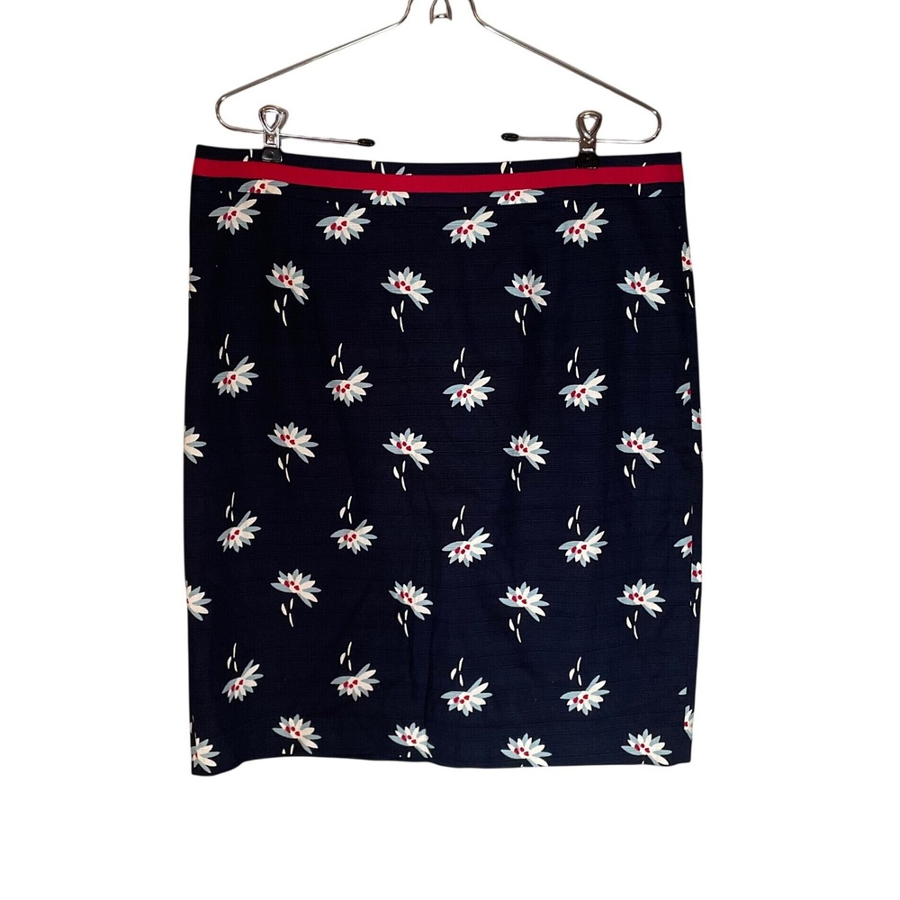 Boden Navy Blue Floral Cotton Pencil Skirt Red Trim Size US 12R Grandmillennial